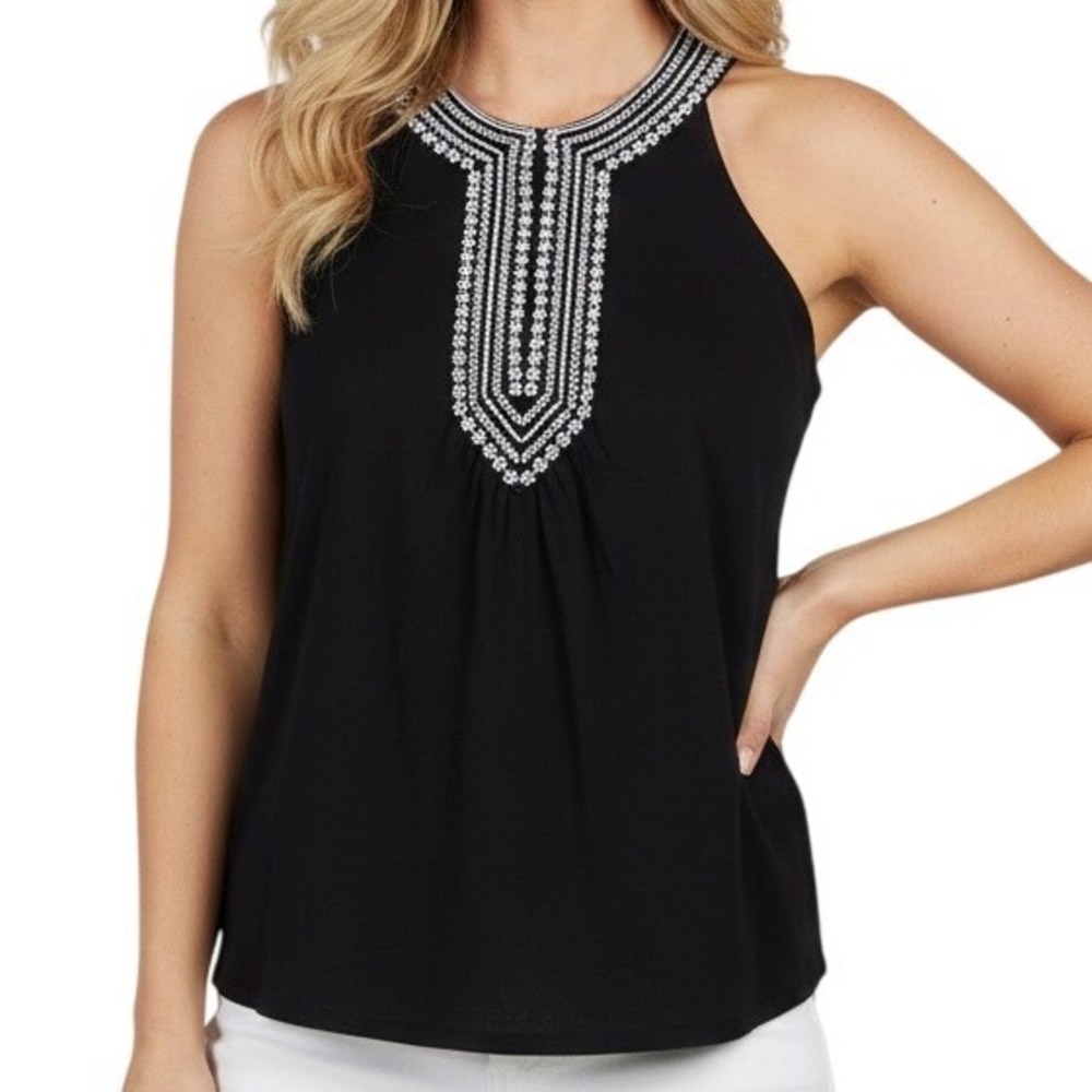 Yves Black‎ Embroidered Halter Neck Sleeveless Top Women's Size Medium